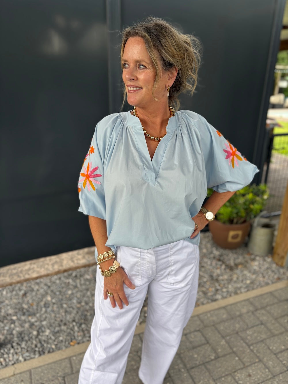 katoenen blouse pofmouw met bloemen blauw