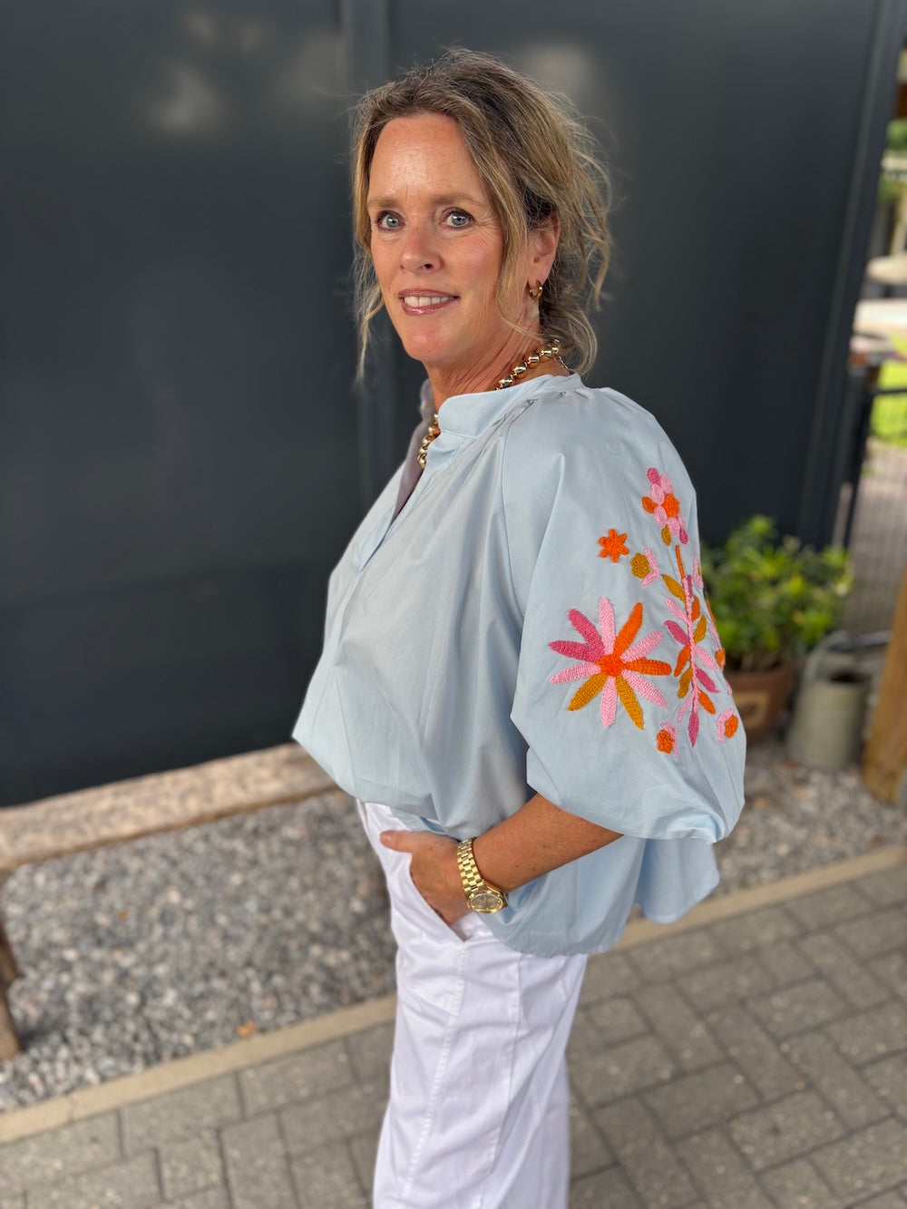 katoenen blouse pofmouw met bloemen blauw