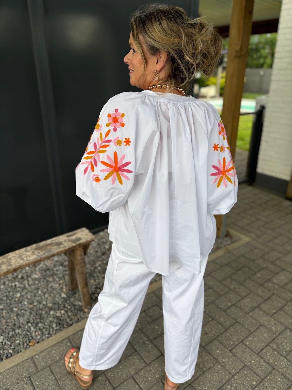 katoenen blouse pofmouw met bloemen wit