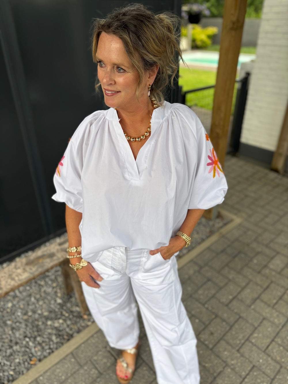 katoenen blouse pofmouw met bloemen wit