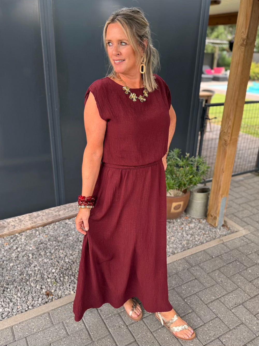 set rok en top met elastische taille bordeaux