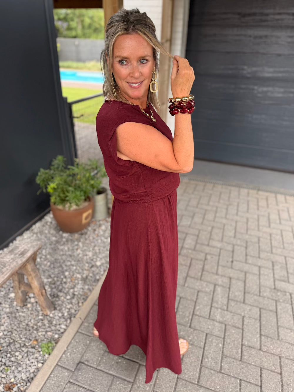set rok en top met elastische taille bordeaux