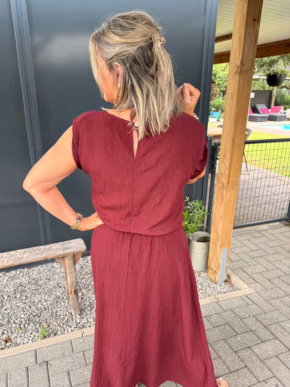 set rok en top met elastische taille bordeaux