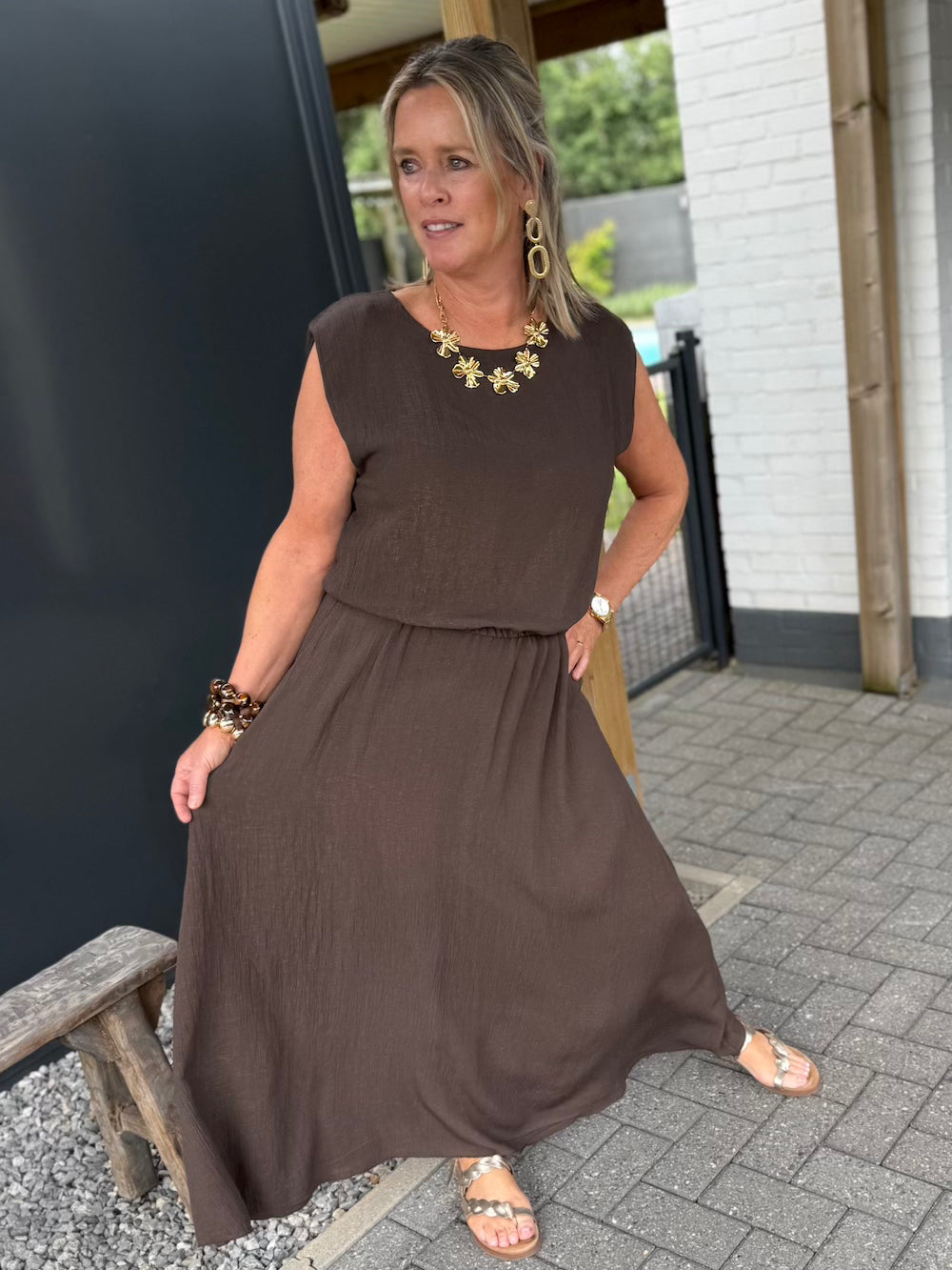 set rok en top met elastische taille bruin