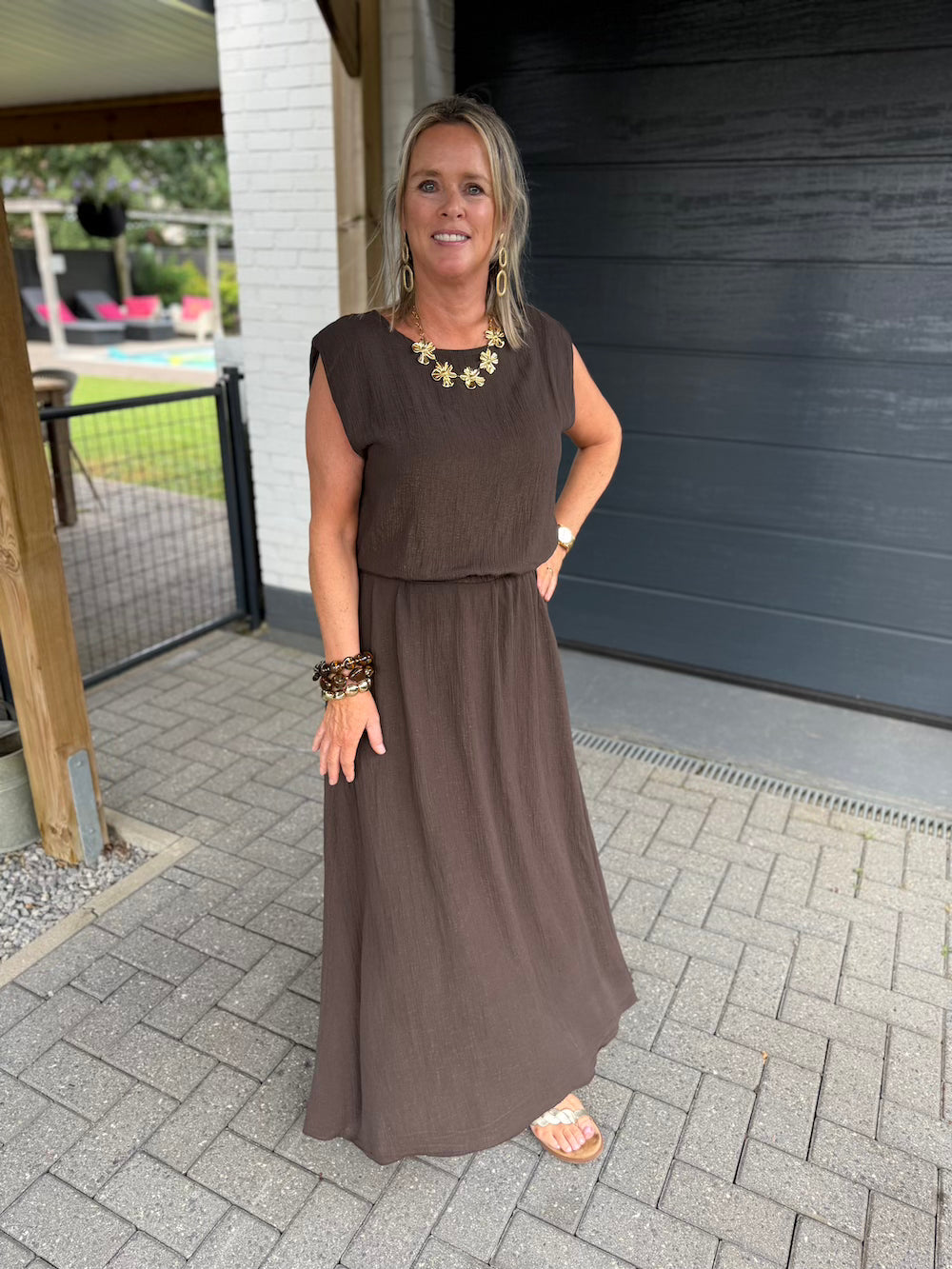 set rok en top met elastische taille bruin