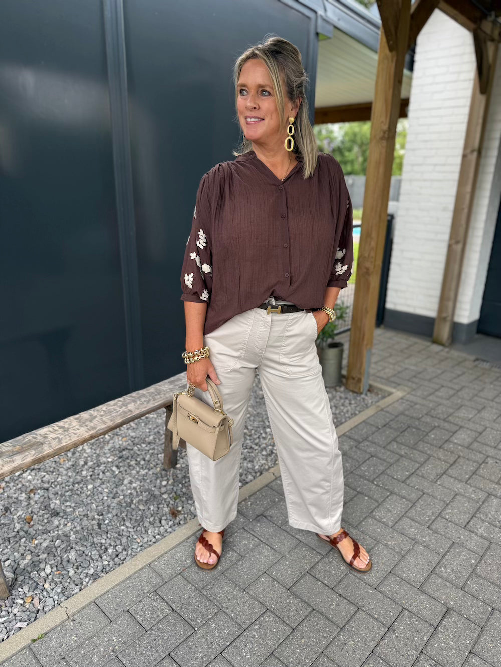 blouse pofmouw bloemen bruin