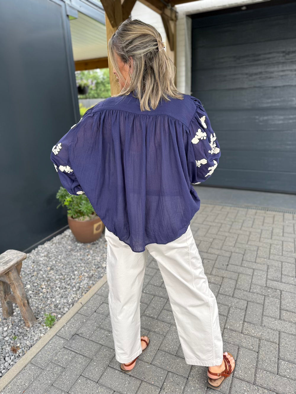 blouse pofmouw bloemen blauw