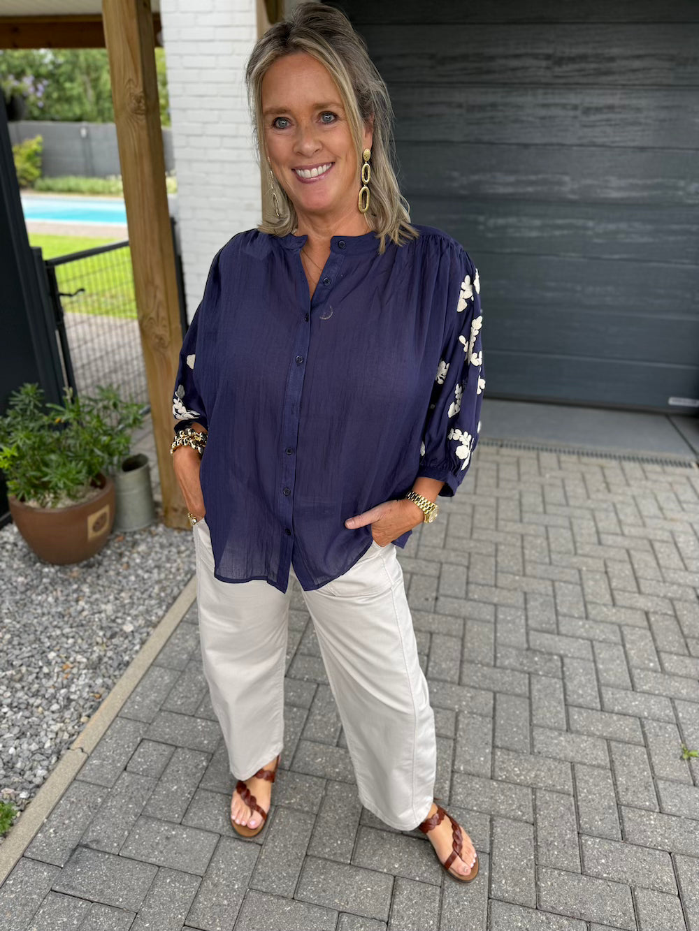 blouse pofmouw bloemen blauw