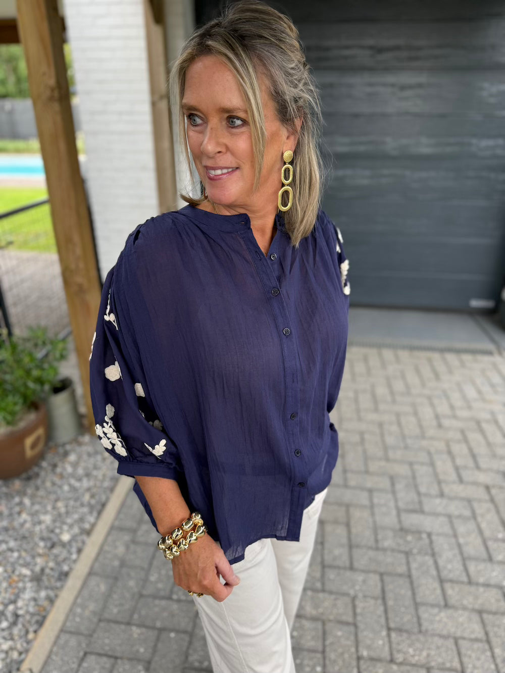 blouse pofmouw bloemen blauw
