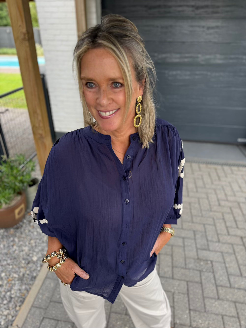 blouse pofmouw bloemen blauw