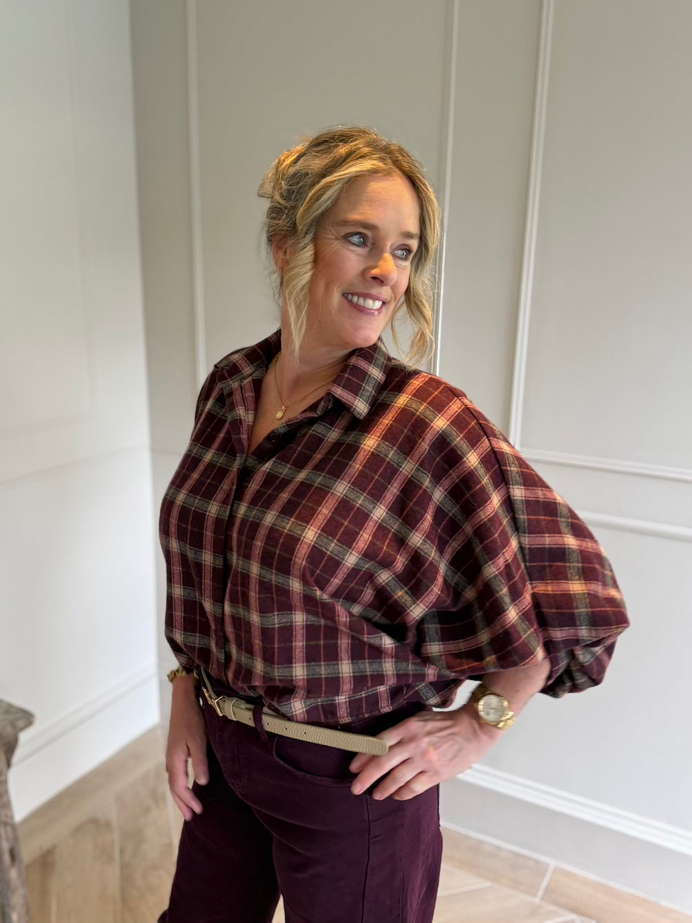 blouse pofmouw bordeaux geruit
