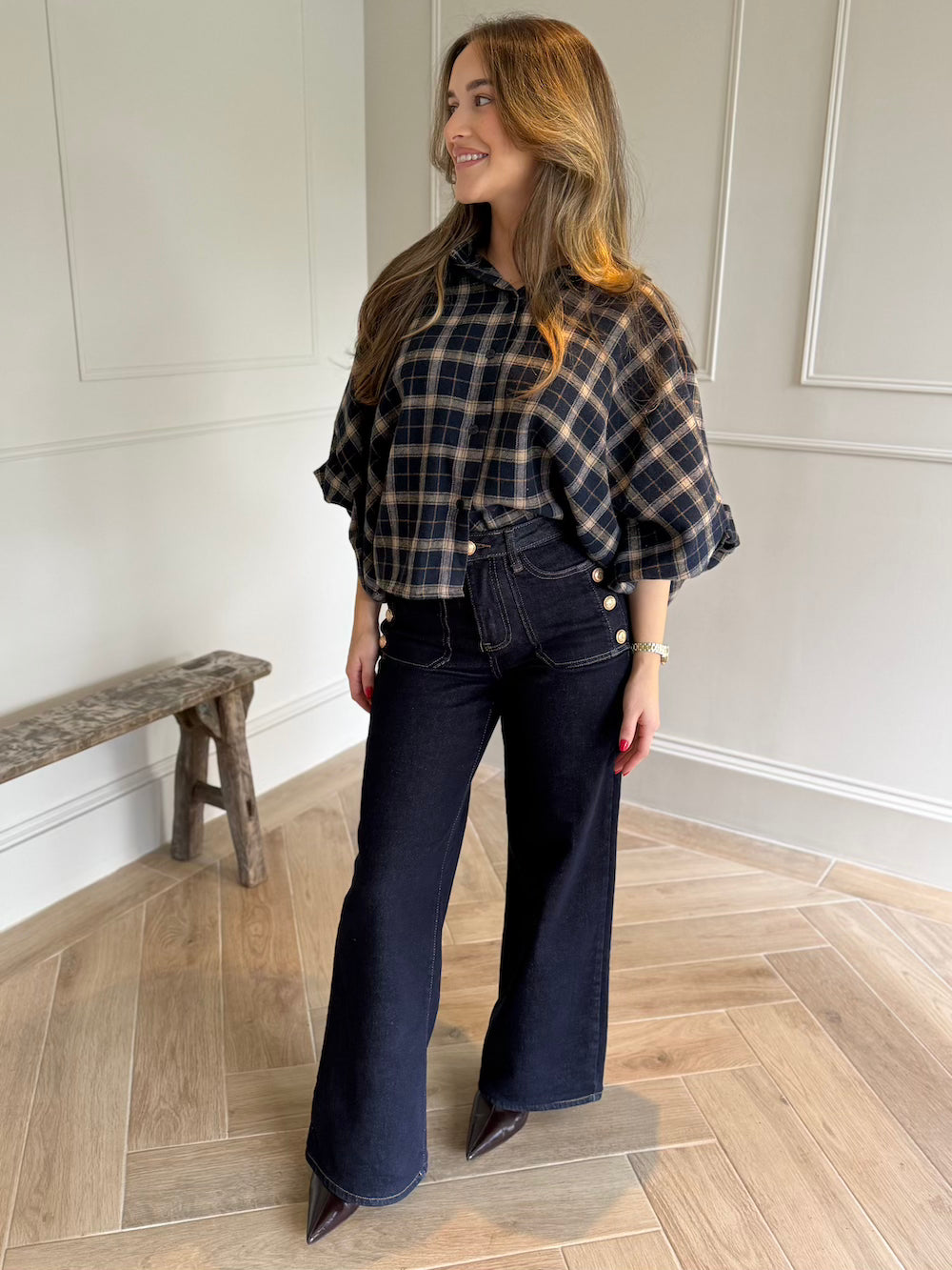 blouse pofmouw marine wit geruit
