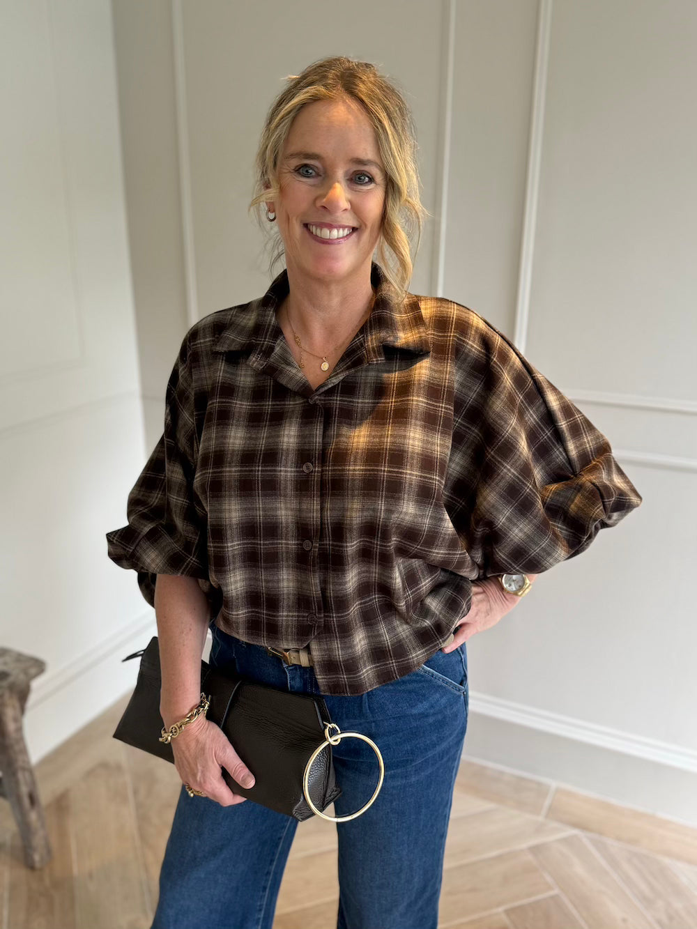 Ruiten blouse bruin beige