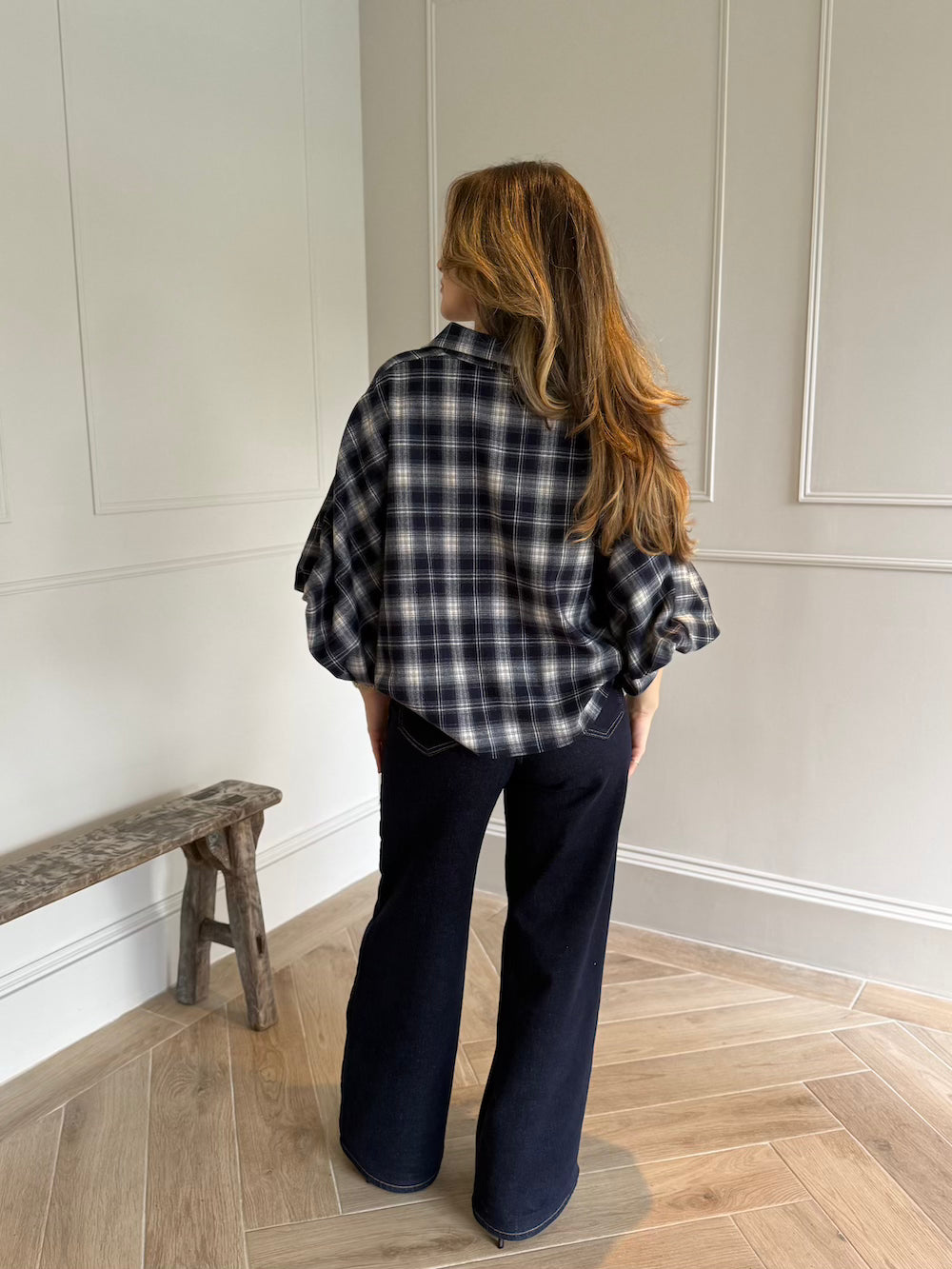 blouse pofmouw marine wit geruit