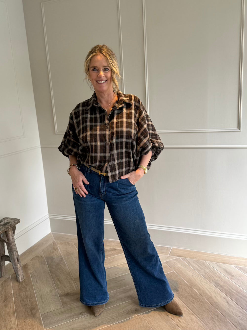 blouse pofmouw bruin wit geruit