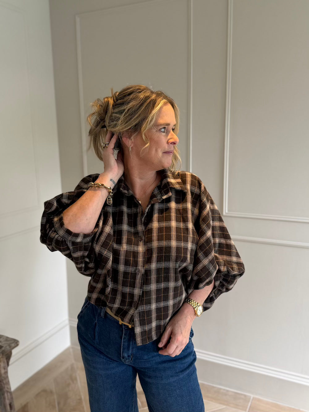 Geruite blouse pofmouw met knoopje