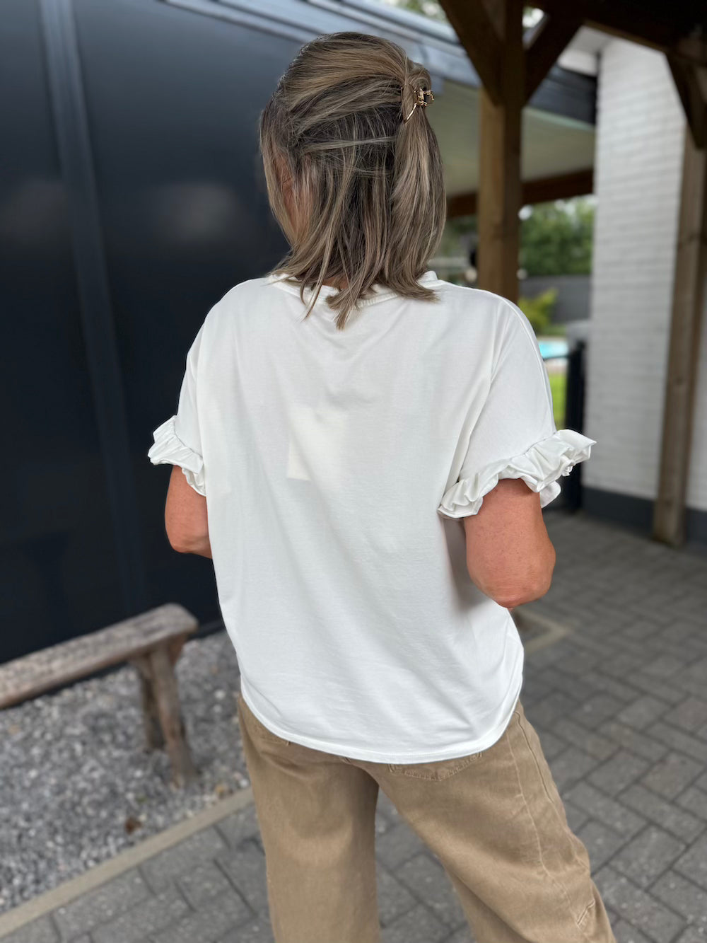 T shirt met ruches mouw wit