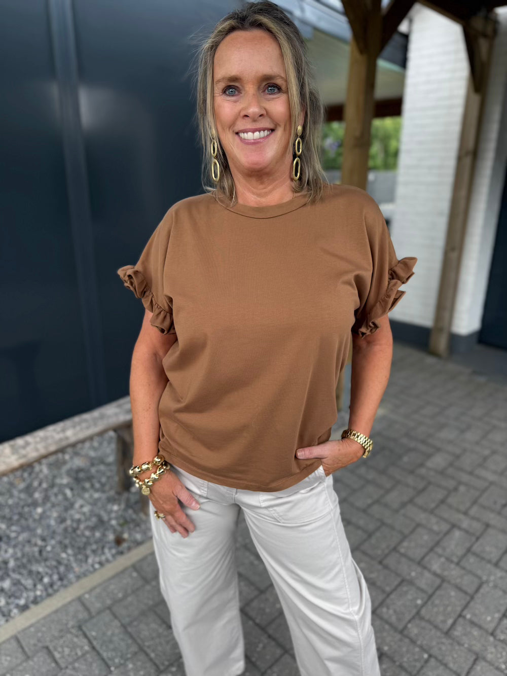 T shirt met ruches mouw wit
