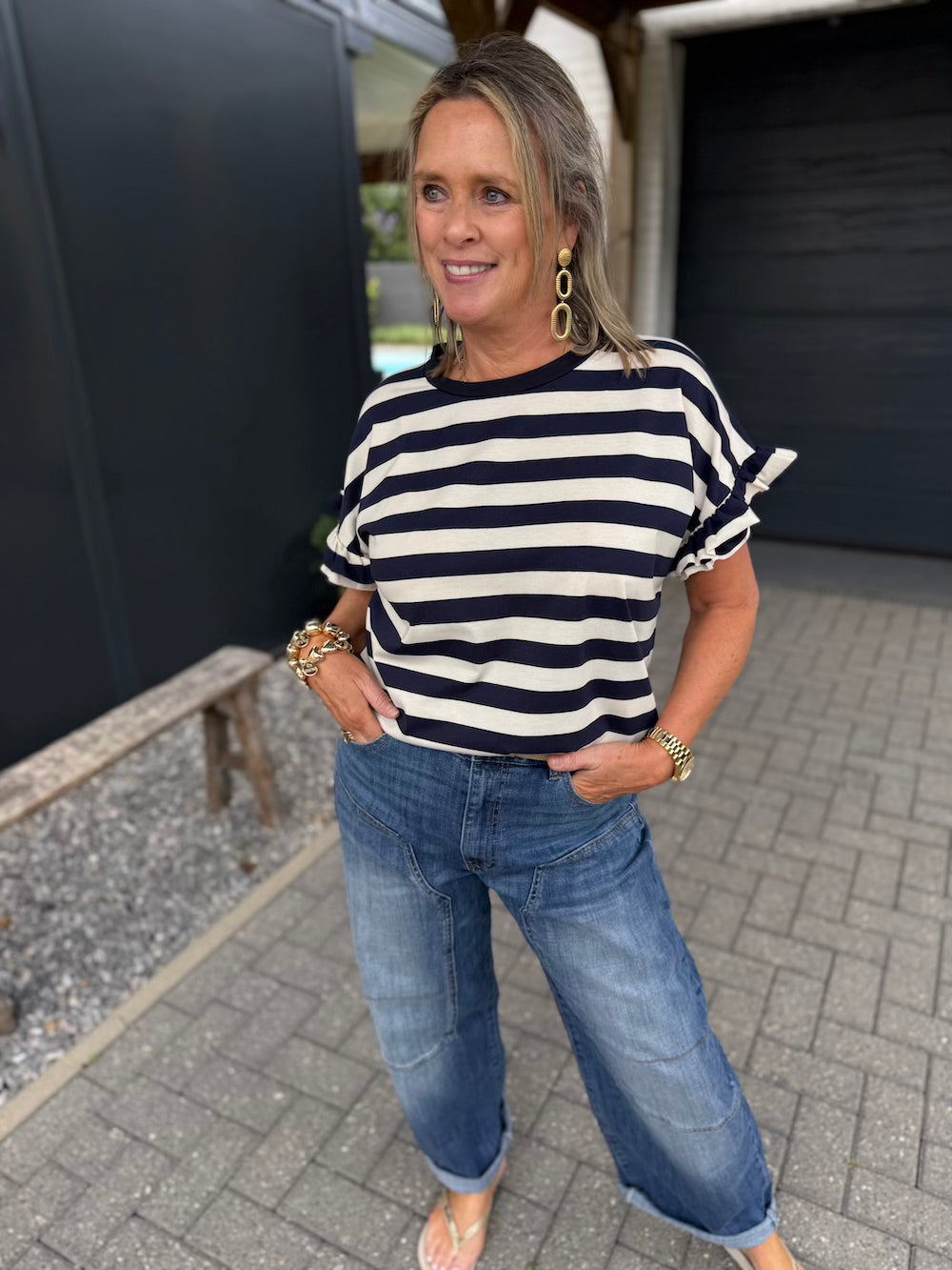 T shirt met ruches mouw gestreept