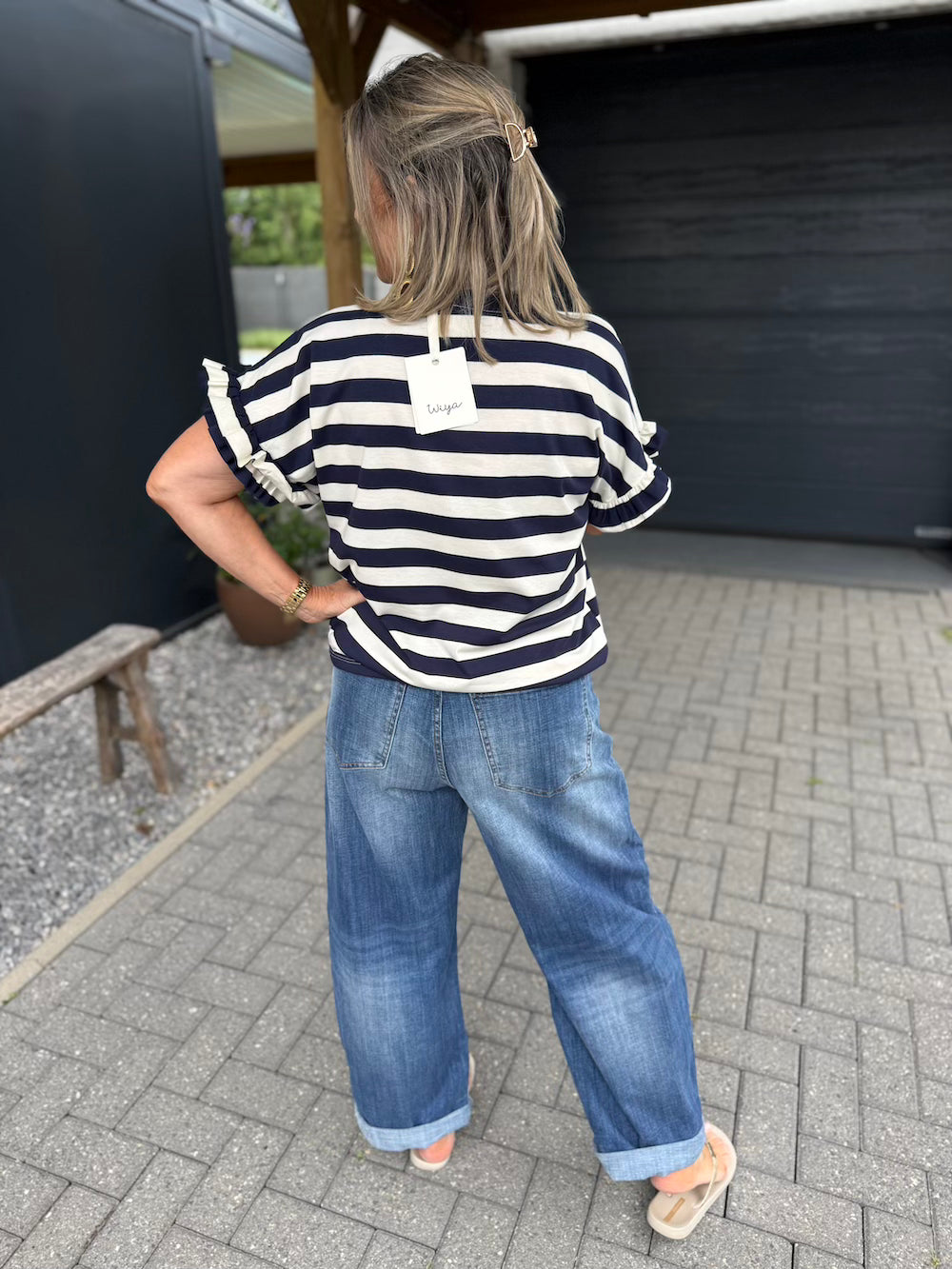 T shirt met ruches mouw gestreept