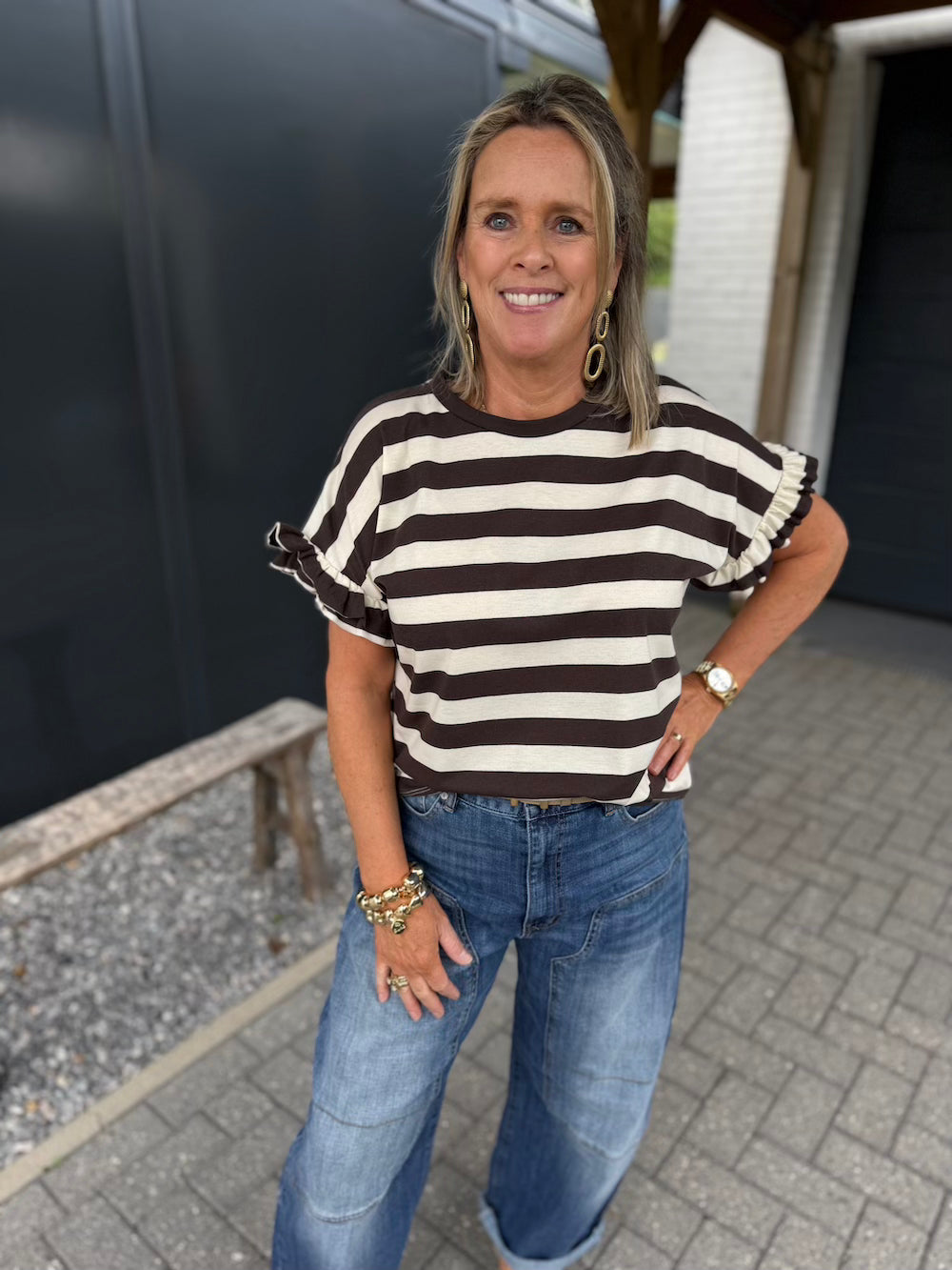 T shirt met ruches mouw gestreept