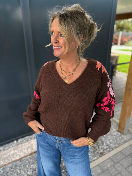 Trui V hals met bloemenmouw bruin