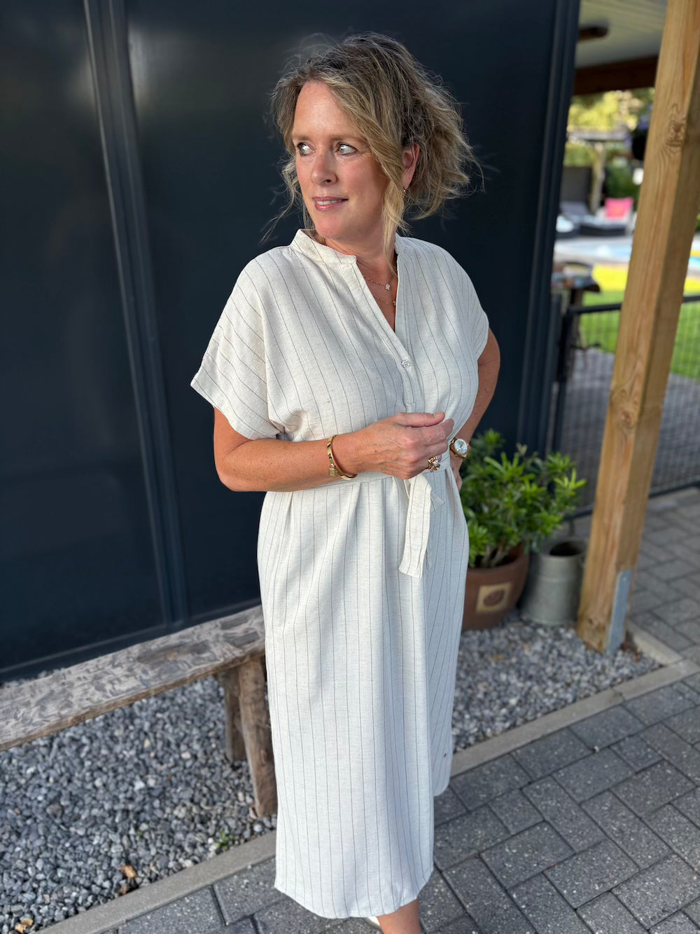 Midi dress streepje katoen/linnen