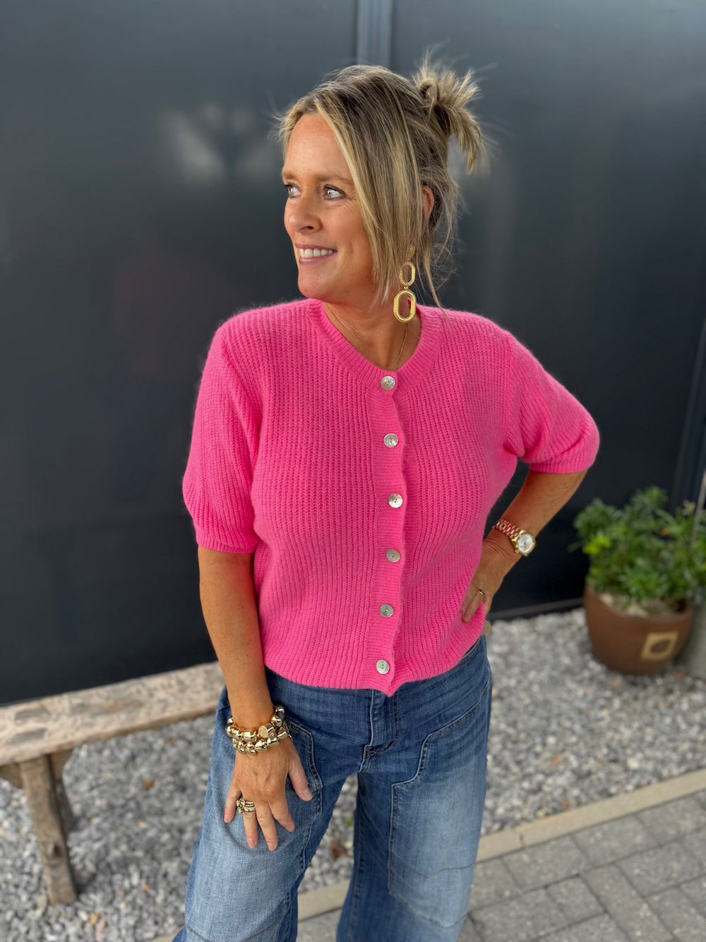 Alpaca vestje korte mouw hotpink