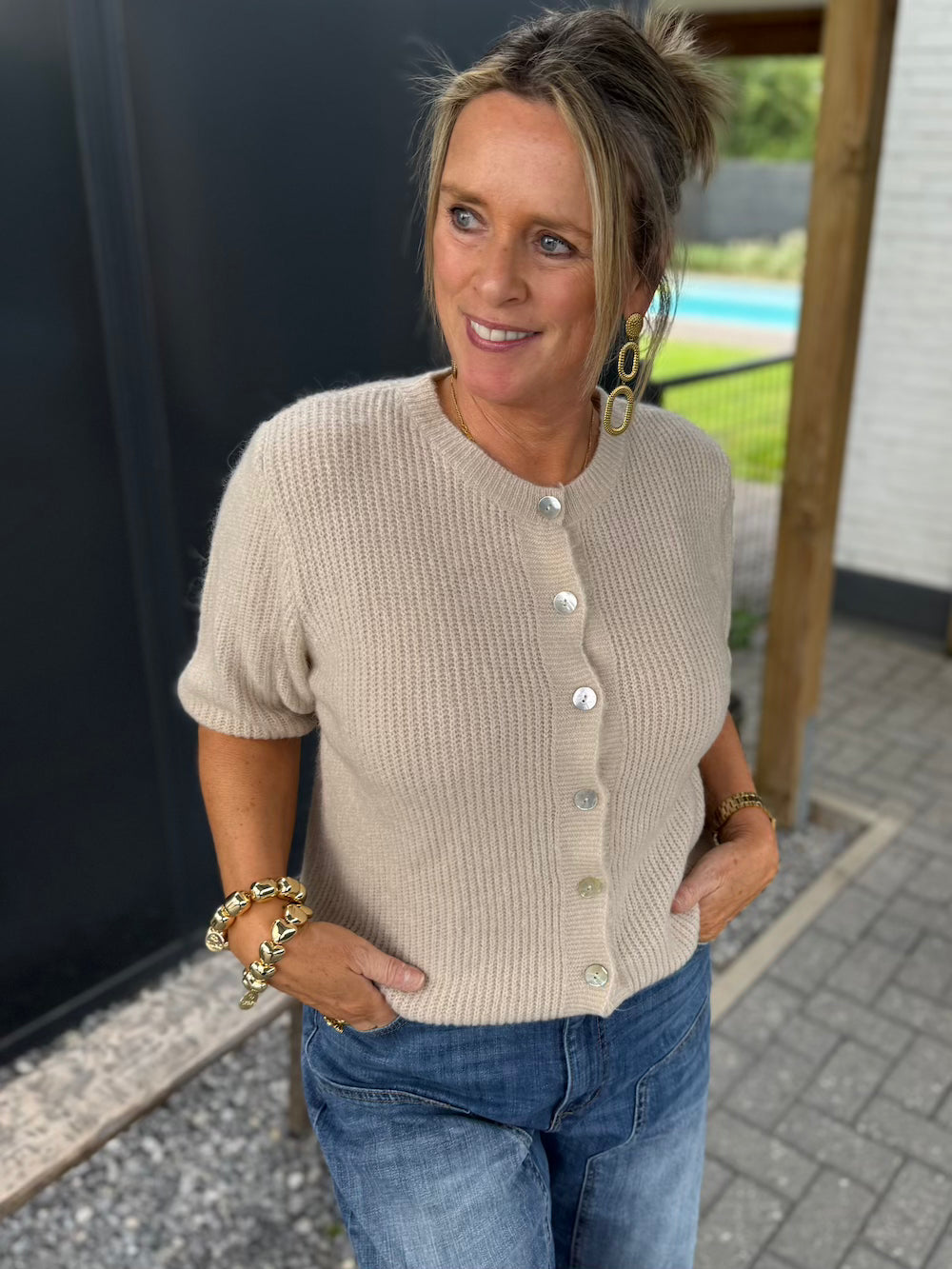 Alpaca vestje korte mouw beige