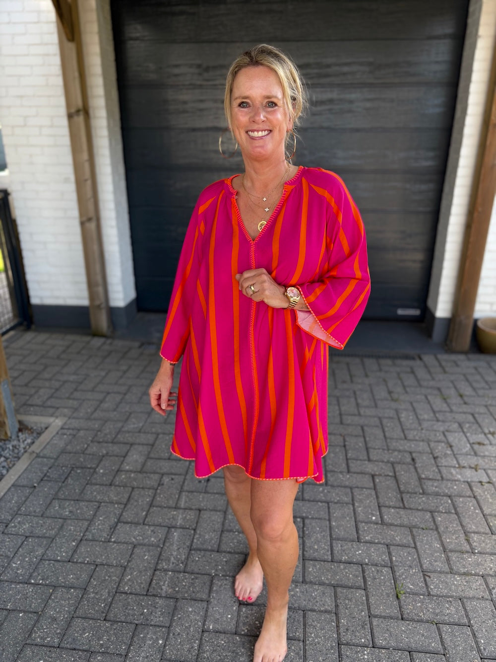 tuniek jurk gestreept viscose fuchsia