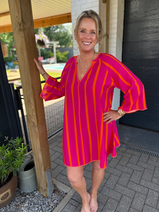 tuniek jurk gestreept viscose fuchsia
