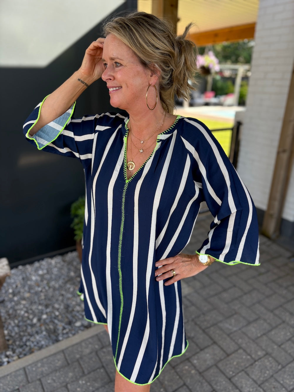 tuniek jurk gestreept viscose marine blauw