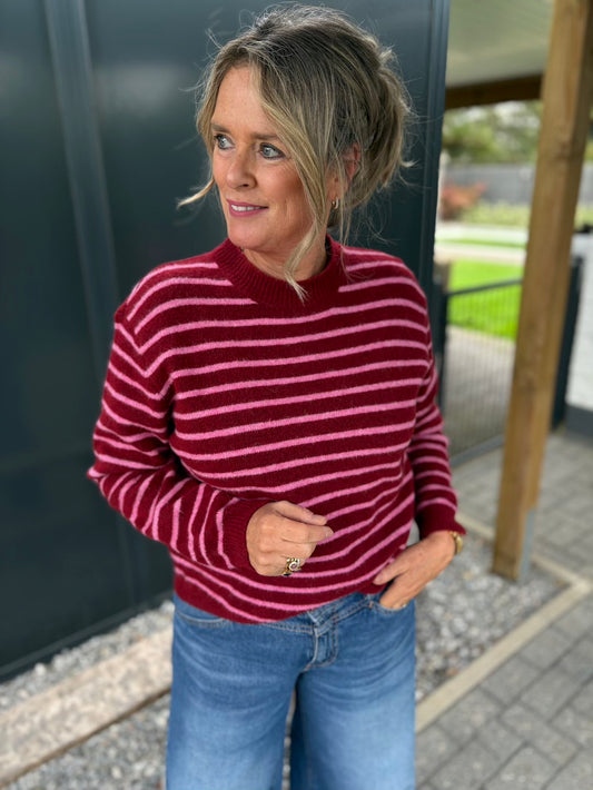 Trui streep bordeaux roze