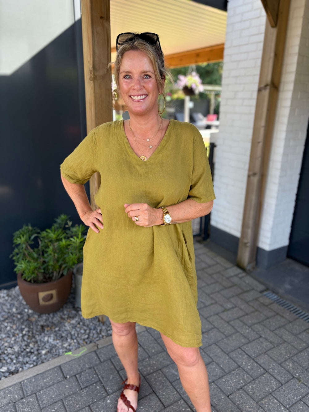 Linnen jurk met V hals