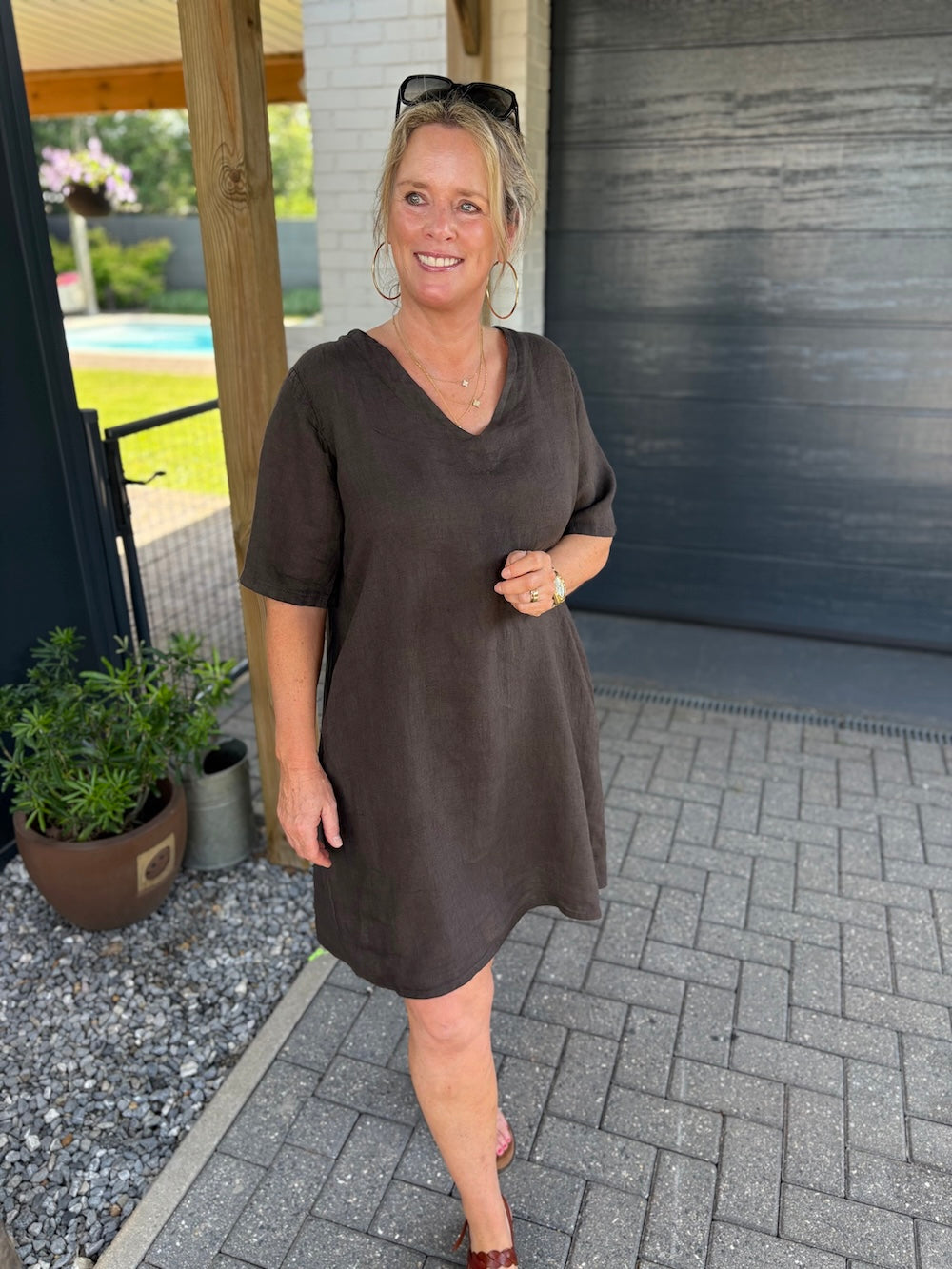 Linnen jurk met V hals