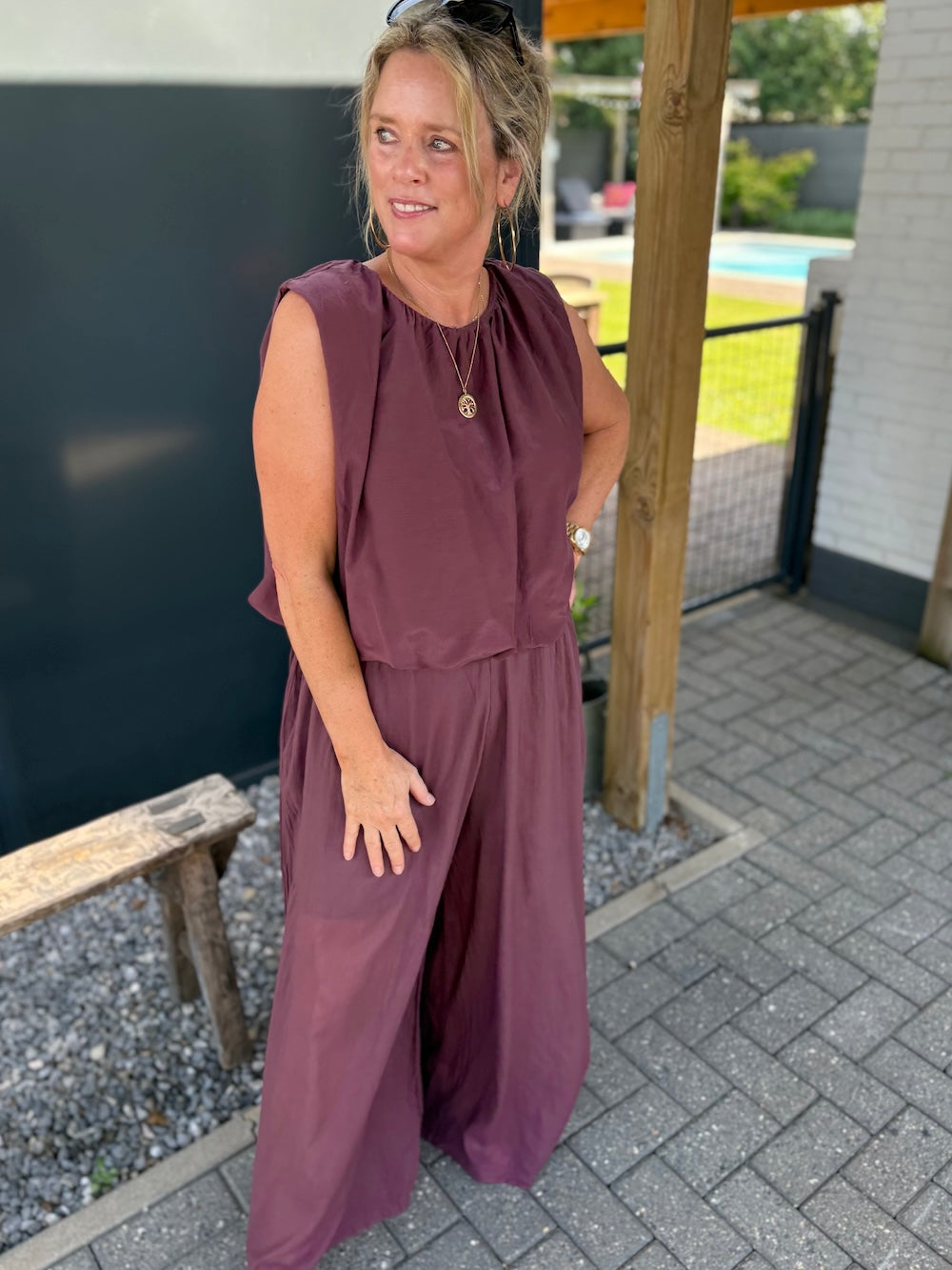 set katoen bordeuax top en broek