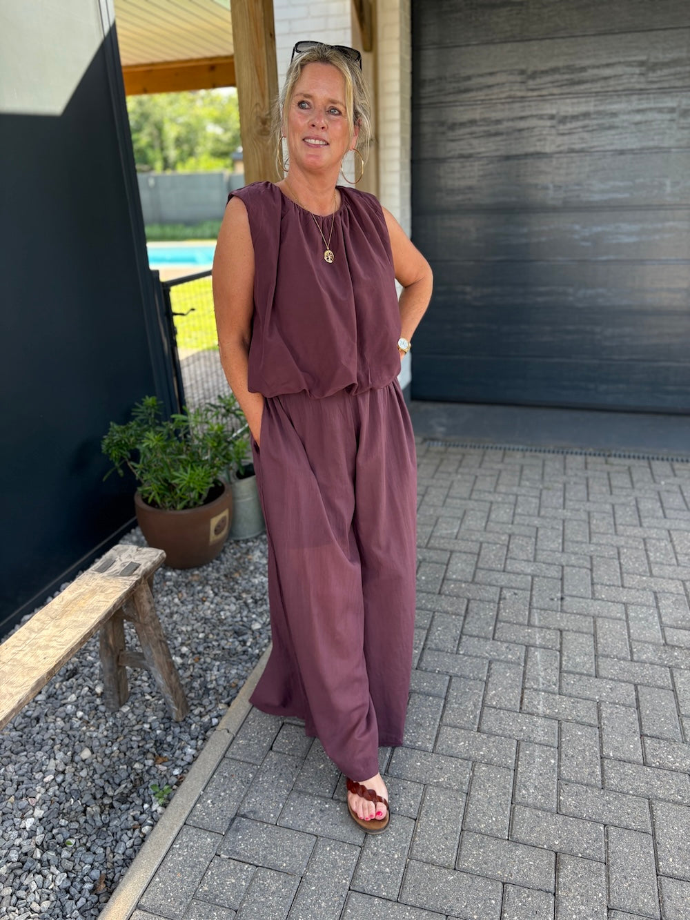 set katoen bordeuax top en broek