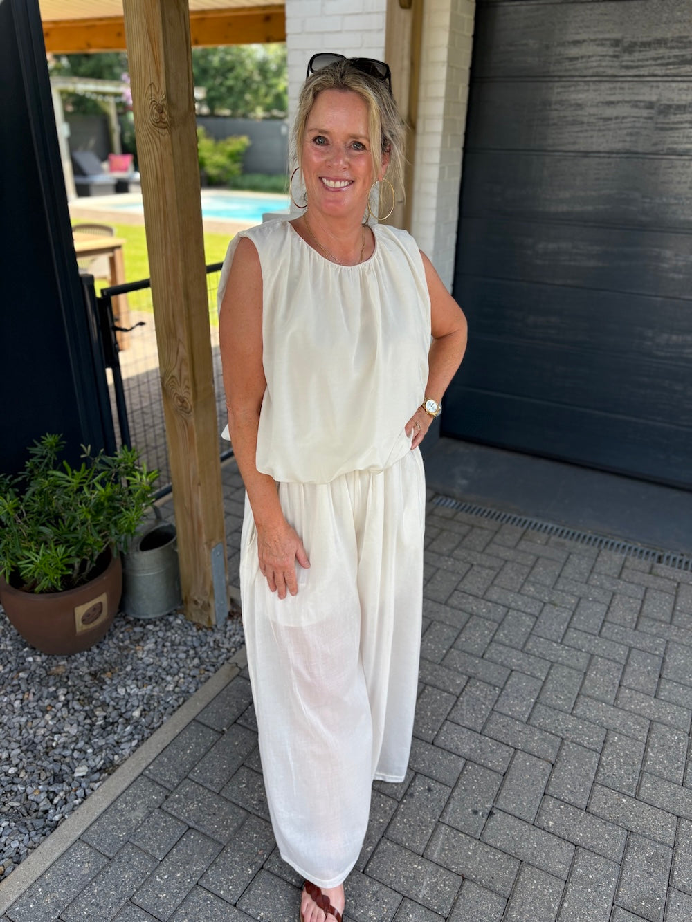 set katoen creme wit top en broek