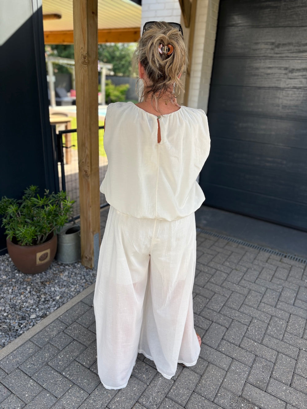 set katoen creme wit top en broek