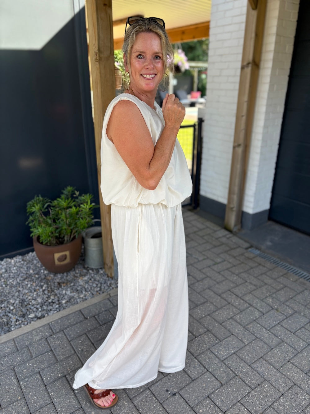 set katoen creme wit top en broek