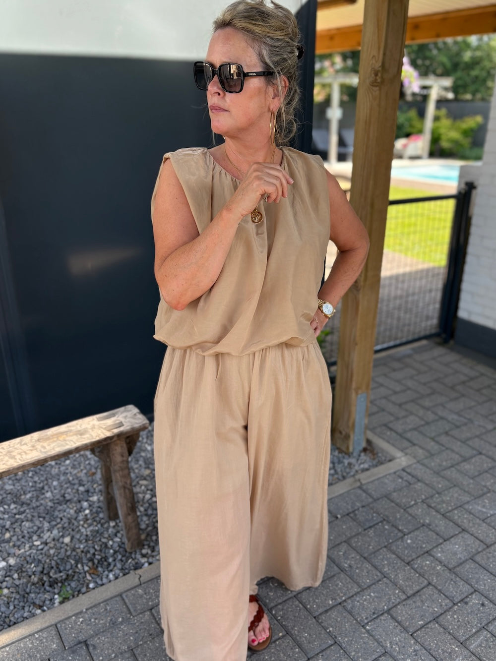 set katoen camel top en broek