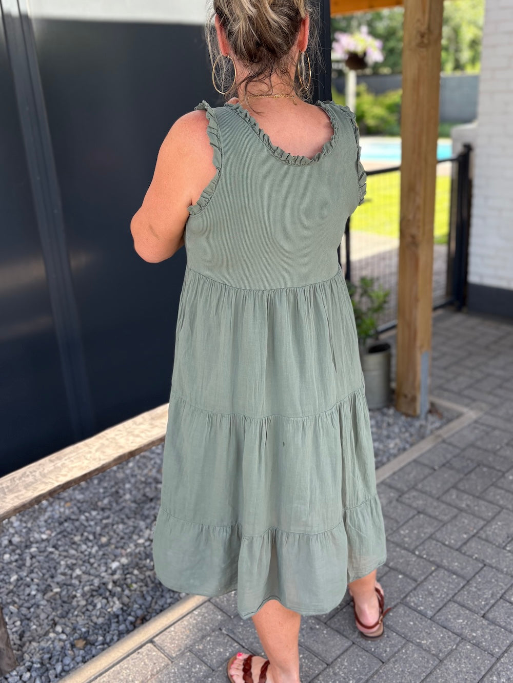 katoenen stroken jurkje khaki
