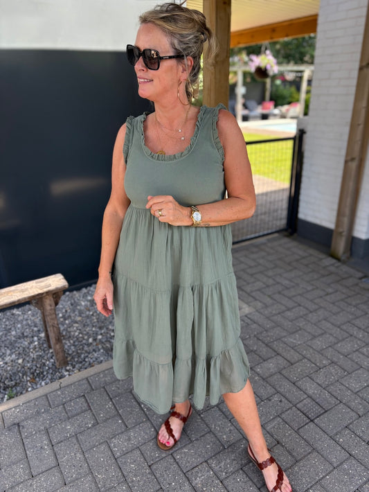 katoenen stroken jurkje khaki