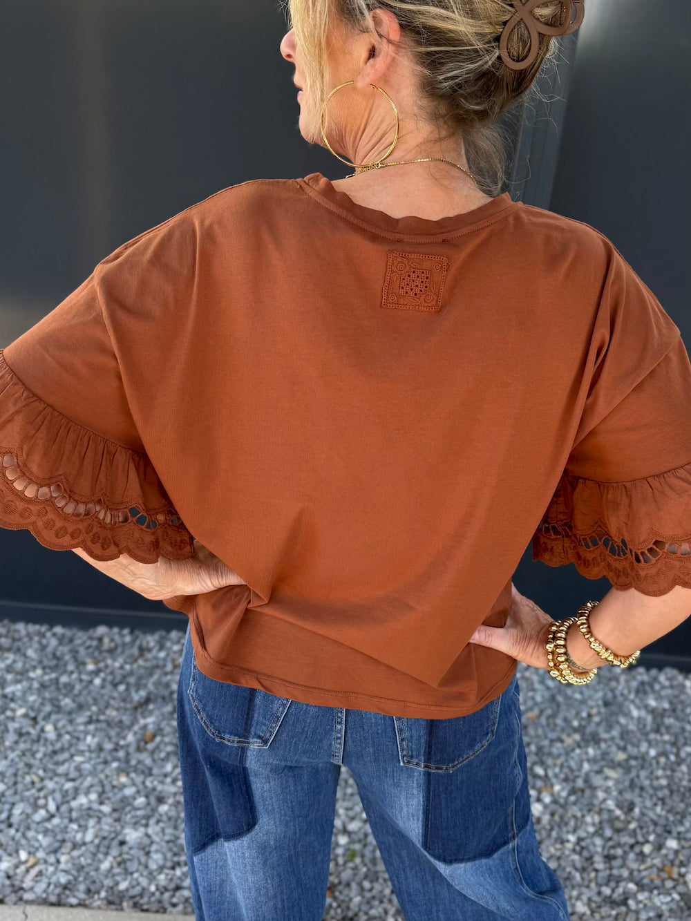 Shirt met broderie vlindermouw brique