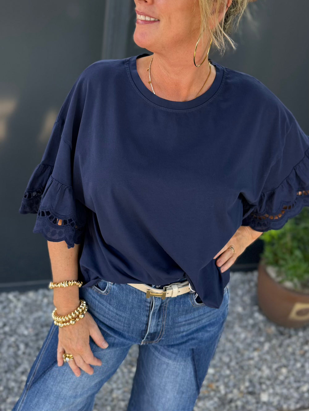 Shirt met broderie vlindermouw marine blauw
