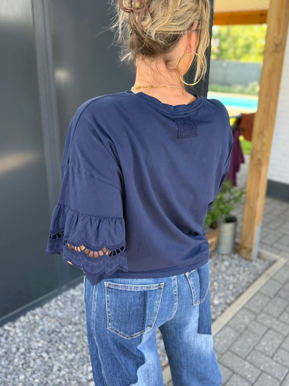 Shirt met broderie vlindermouw marine blauw