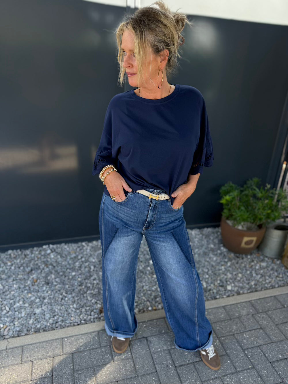 Shirt met broderie vlindermouw marine blauw