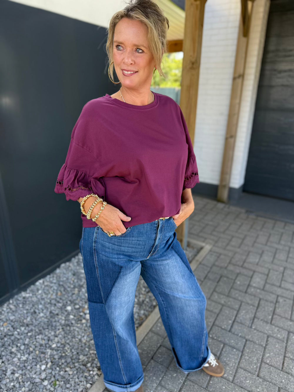 Shirt met broderie vlindermouw marine bordeaux