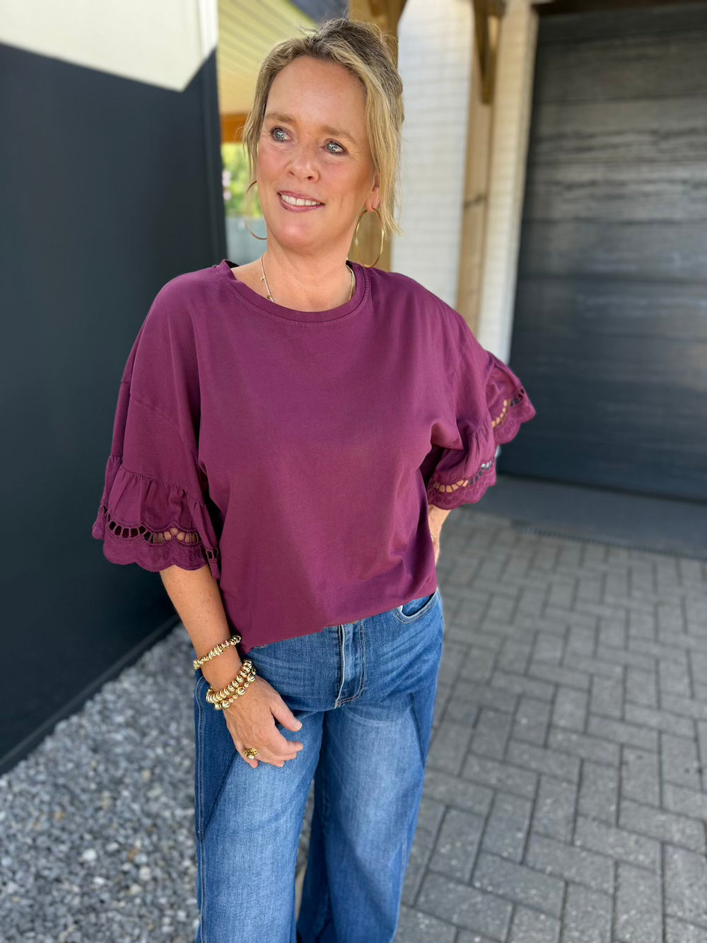 Shirt met broderie vlindermouw marine bordeaux