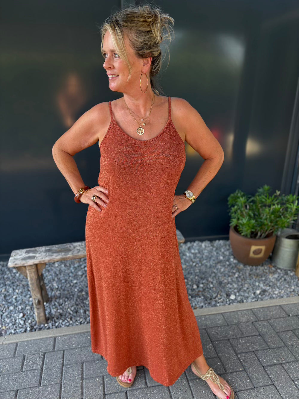 viscose jurk met lurex  brique